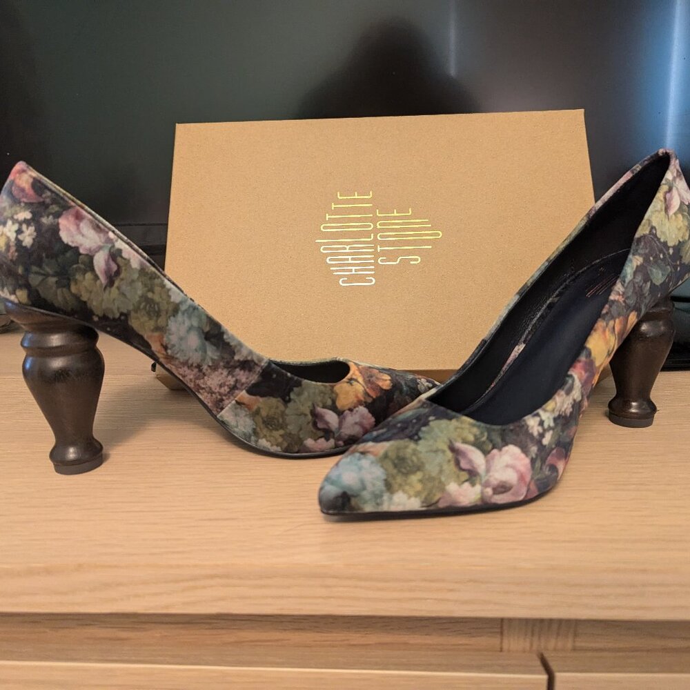 Charlotte Stone floral velvet heels